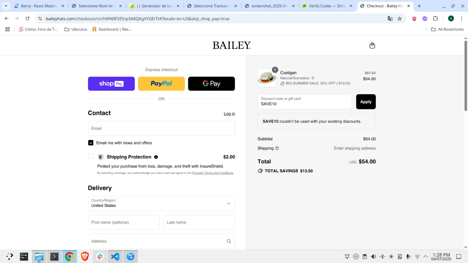 Bailey Hats discount code screenshot showing code SAVE10 applied at Bailey Hats checkout page. Uploaded by SimplyCodes community member RoyalScout4450 on Jul 4, 2025