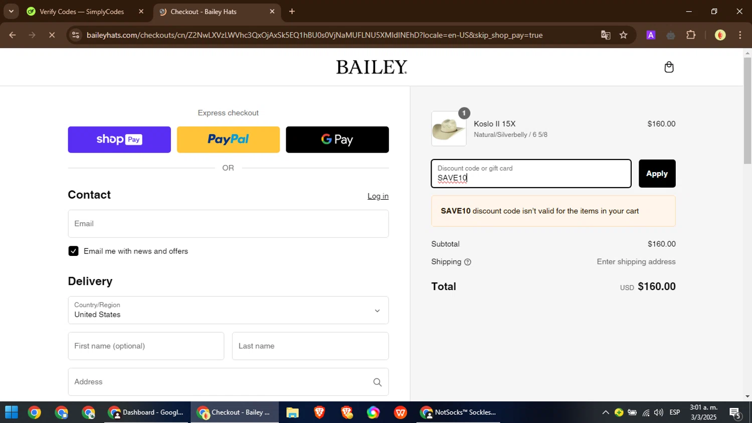 Bailey Hats discount code screenshot showing code SAVE10 applied at Bailey Hats checkout page. Uploaded by SimplyCodes community member MoneyPilot9165 on Mar 3, 2025