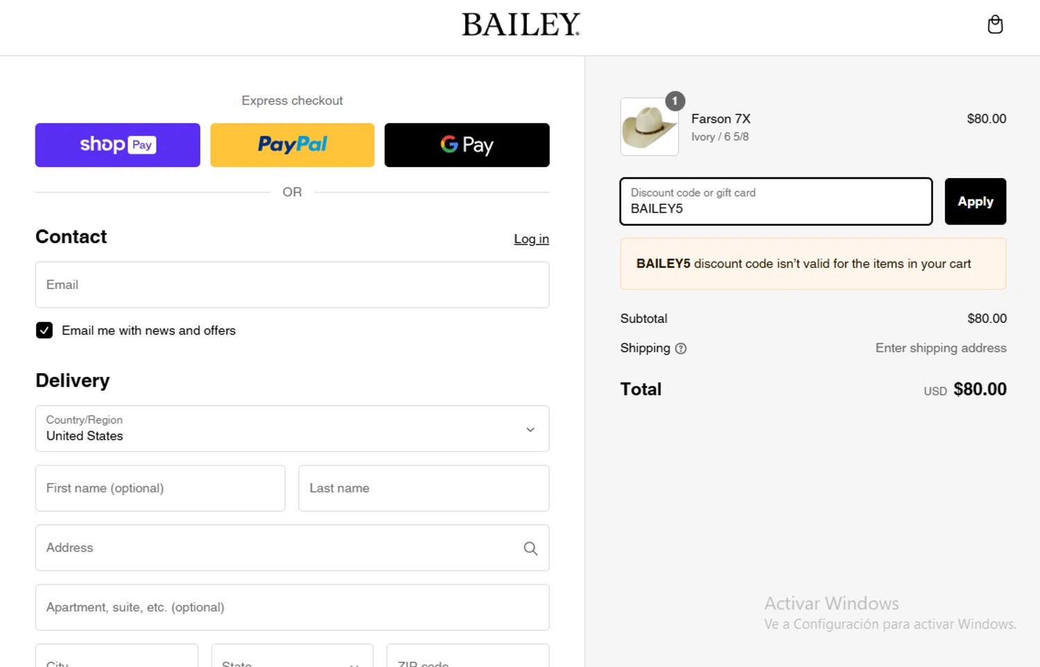 Bailey Hats discount code screenshot showing code BAILEY5 applied at Bailey Hats checkout page. Uploaded by SimplyCodes community member Gary_23 on Mar 3, 2025