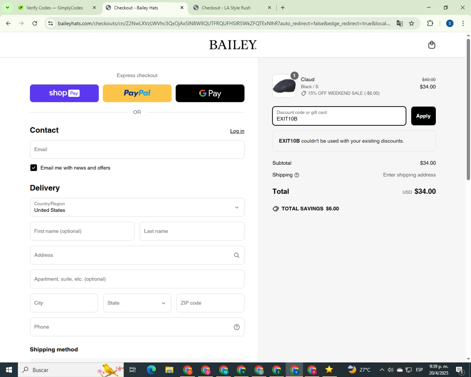 Bailey Hats discount code screenshot showing code EXIT10B applied at Bailey Hats checkout page. Uploaded by SimplyCodes community member PromoSpotter9993 on Apr 21, 2025
