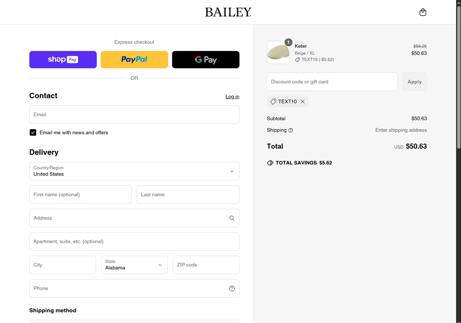Bailey Hats discount code screenshot showing code TEXT10 applied at Bailey Hats checkout page. Uploaded by SimplyCodes community member FortunateDefender7285 on May 6, 2025