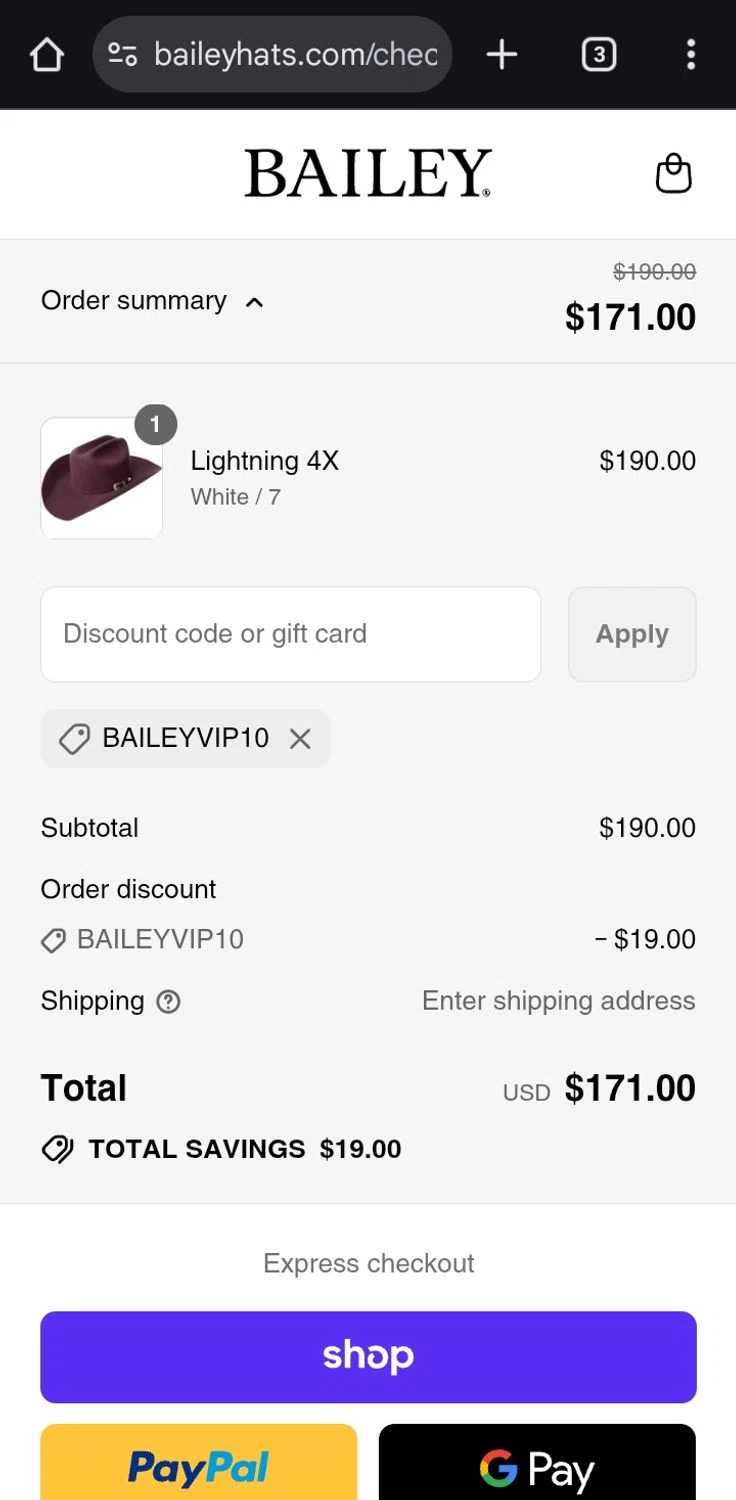 Bailey Hats discount code screenshot showing code BAILEYVIP10 applied at Bailey Hats checkout page. Uploaded by SimplyCodes community member ValiantCurator3344 on Aug 29, 2025