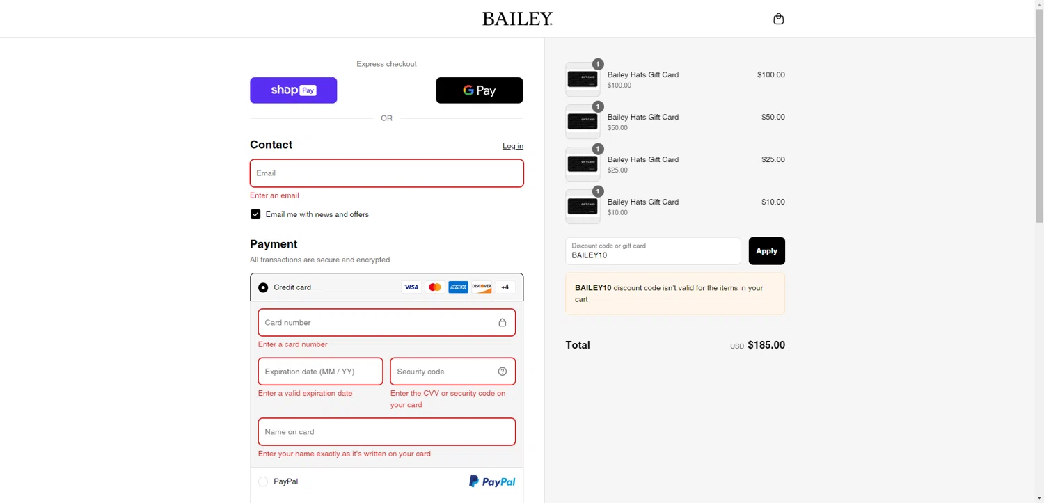 Bailey Hats discount code screenshot showing code BAILEY10 applied at Bailey Hats checkout page. Uploaded by SimplyCodes community member NobleMaestro6498 on Jul 30, 2025