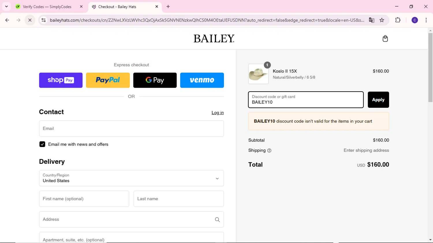 Bailey Hats discount code screenshot showing code BAILEY10 applied at Bailey Hats checkout page. Uploaded by SimplyCodes community member MoneyWizard2699 on Mar 3, 2025