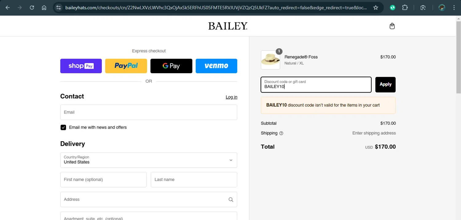 Bailey Hats discount code screenshot showing code BAILEY10 applied at Bailey Hats checkout page. Uploaded by SimplyCodes community member xAngel on Mar 3, 2025