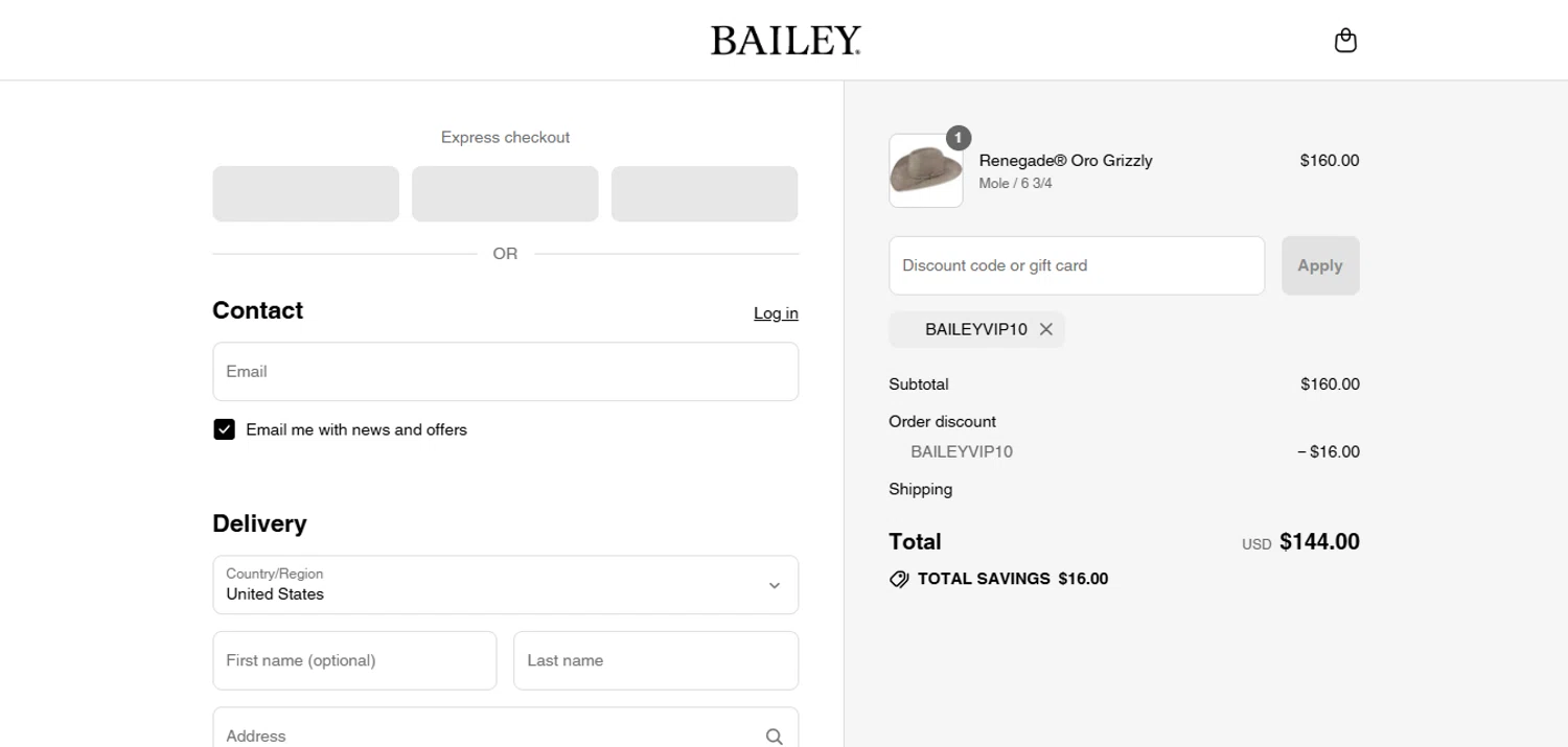 Bailey Hats discount code screenshot showing code BAILEYVIP10 applied at Bailey Hats checkout page. Uploaded by SimplyCodes community member juanisaac on Aug 29, 2025