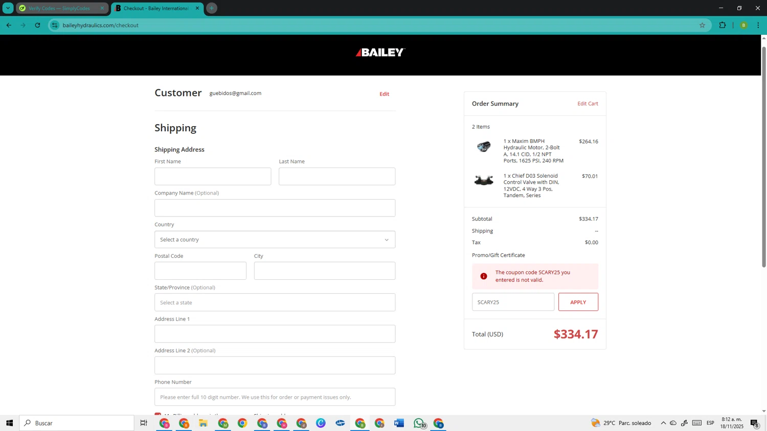 Bailey Hydraulics promo code screenshot showing code SCARY25 applied at Bailey Hydraulics checkout page. Uploaded by SimplyCodes community member TokenOwl8222 on Nov 18, 2025