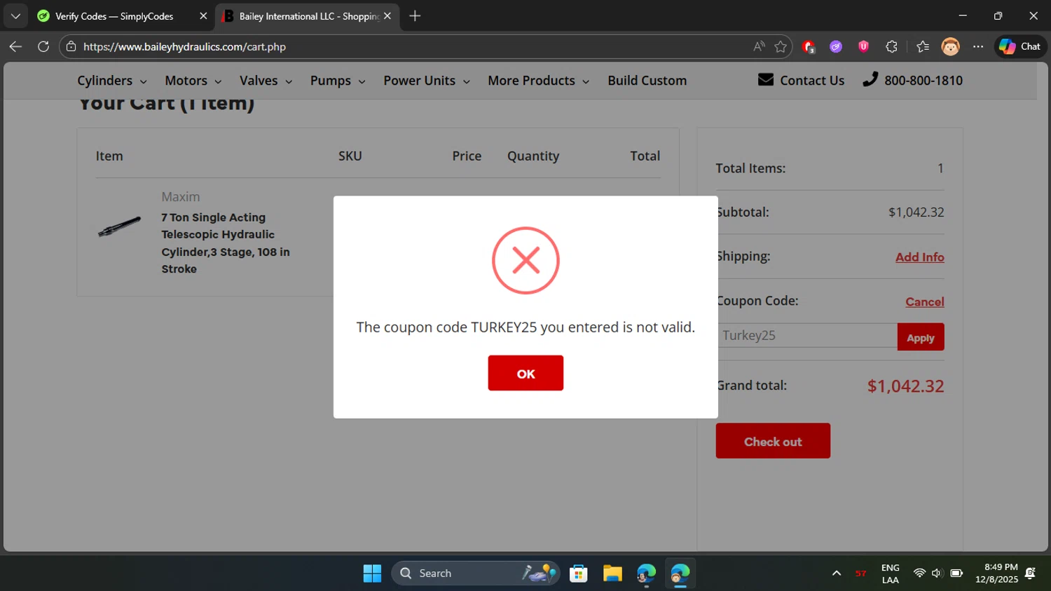 Bailey Hydraulics promo code screenshot showing code Turkey25 applied at Bailey Hydraulics checkout page. Uploaded by SimplyCodes community member Don_Quixote on Dec 9, 2025