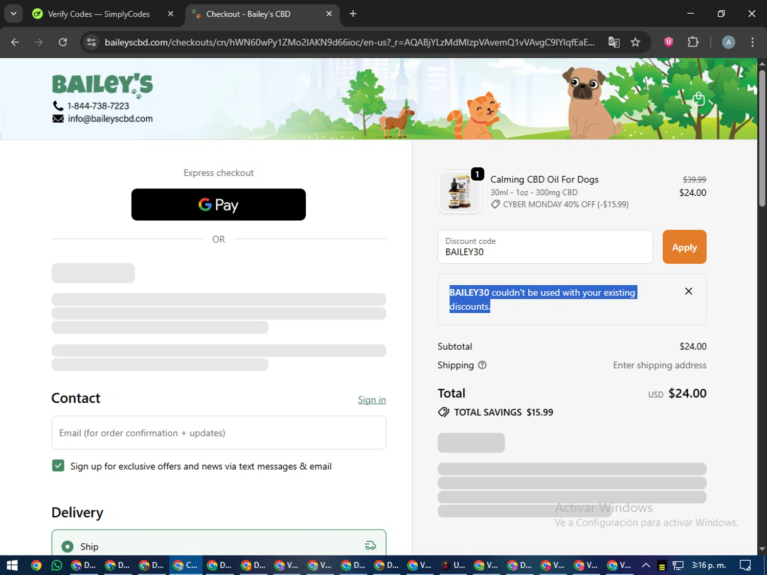 Bailey's CBD promo code screenshot showing code BAILEY30 applied at Bailey's CBD checkout page. Uploaded by SimplyCodes community member trippieredd on Dec 3, 2025