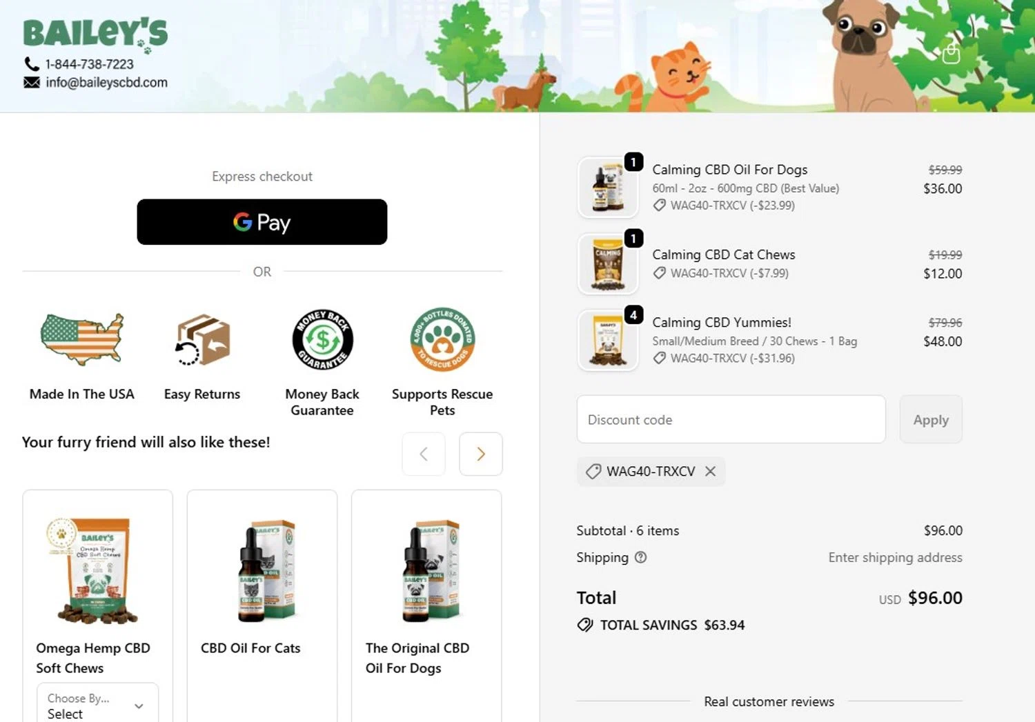 Bailey's CBD promo code screenshot showing code WAG40-trXcv applied at Bailey's CBD checkout page. Uploaded by SimplyCodes community member Honoriocolmenarez on Jan 10, 2026