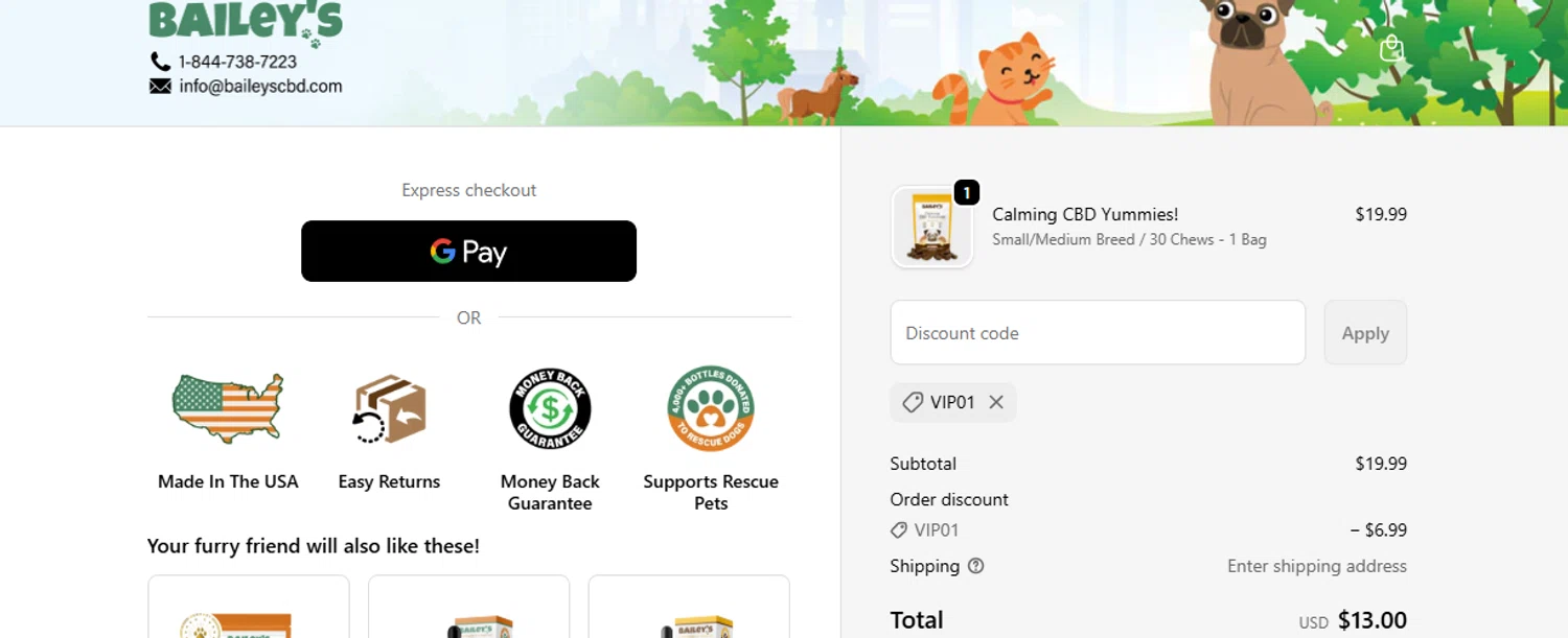 Bailey's CBD promo code screenshot showing code VIP01 applied at Bailey's CBD checkout page. Uploaded by SimplyCodes community member ashe1986 on Nov 26, 2025