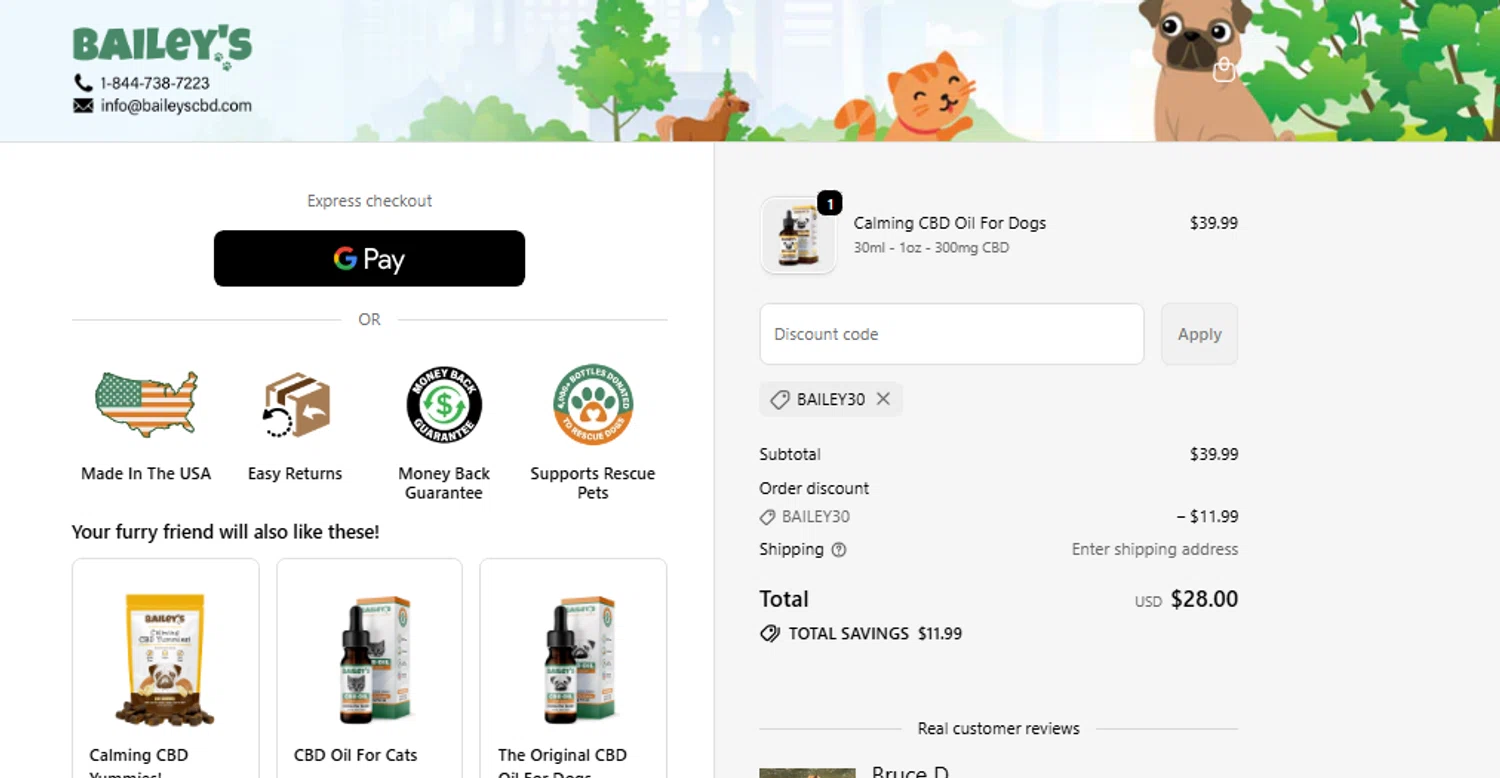 Bailey's CBD promo code screenshot showing code BAILEY30 applied at Bailey's CBD checkout page. Uploaded by SimplyCodes community member carlosrivero on Nov 22, 2025