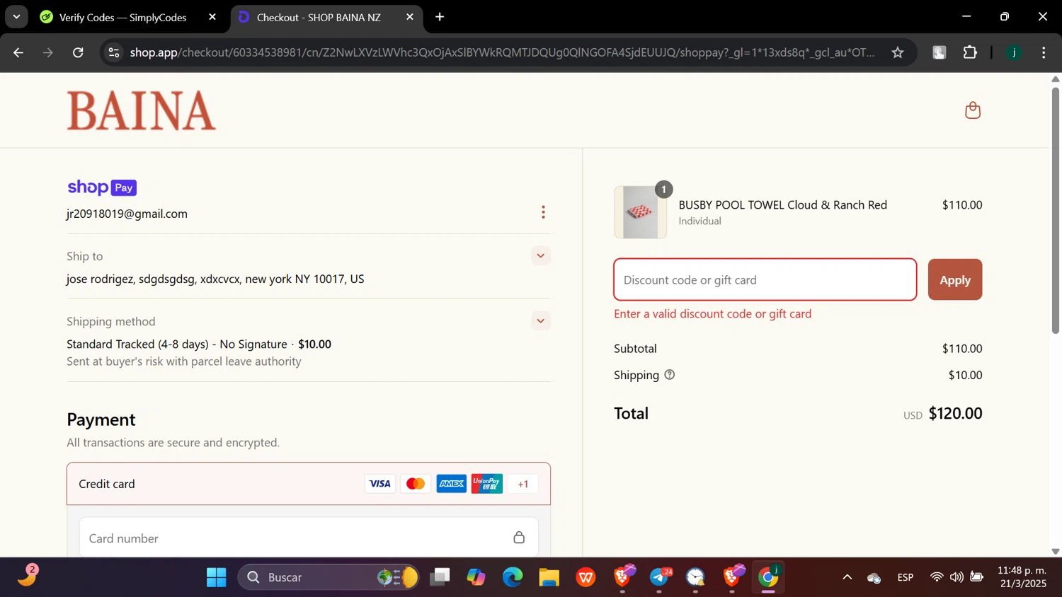 Baina discount code screenshot showing code WITHTHANKS applied at Baina checkout page. Uploaded by SimplyCodes community member hanzell03 on Mar 22, 2025