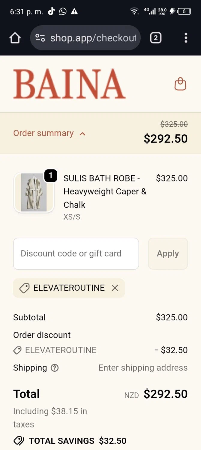 Baina discount code screenshot showing code ELEVATEROUTINE applied at Baina checkout page. Uploaded by SimplyCodes community member Xx_Cogeburras3000_xX on Nov 9, 2025