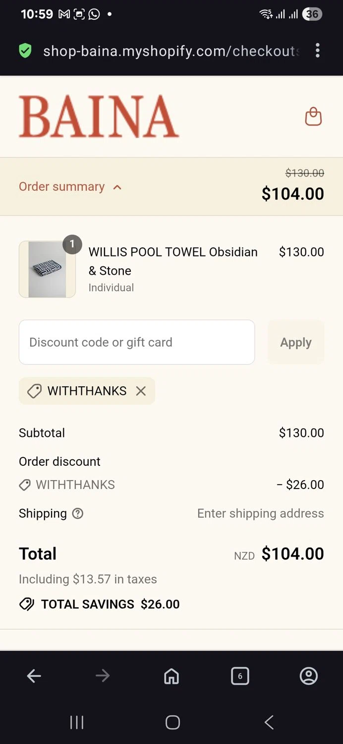 Baina discount code screenshot showing code WITHTHANKS applied at Baina checkout page. Uploaded by SimplyCodes community member vida5254427716958 on Jul 17, 2025
