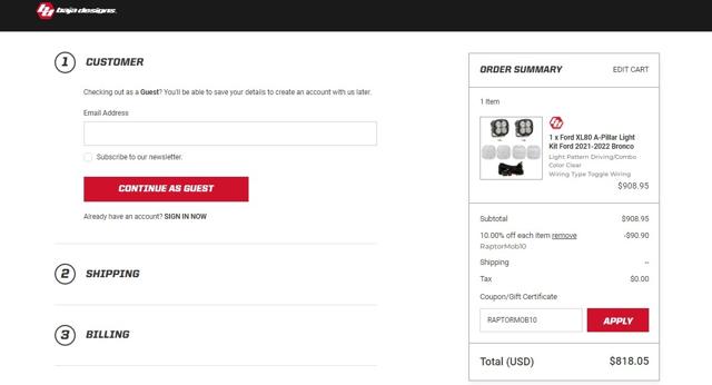Baja Designs checkout page showing Baja Designs coupon code box | Screenshot taken by SimplyCodes community member on Mar 7, 2022