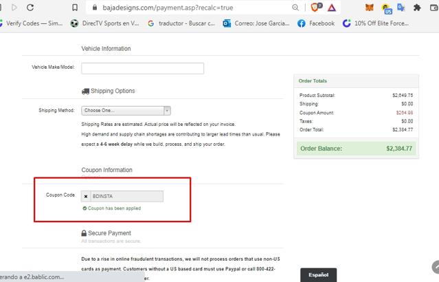Baja Designs checkout page showing Baja Designs coupon code box | Screenshot taken by SimplyCodes community member on Jan 26, 2022