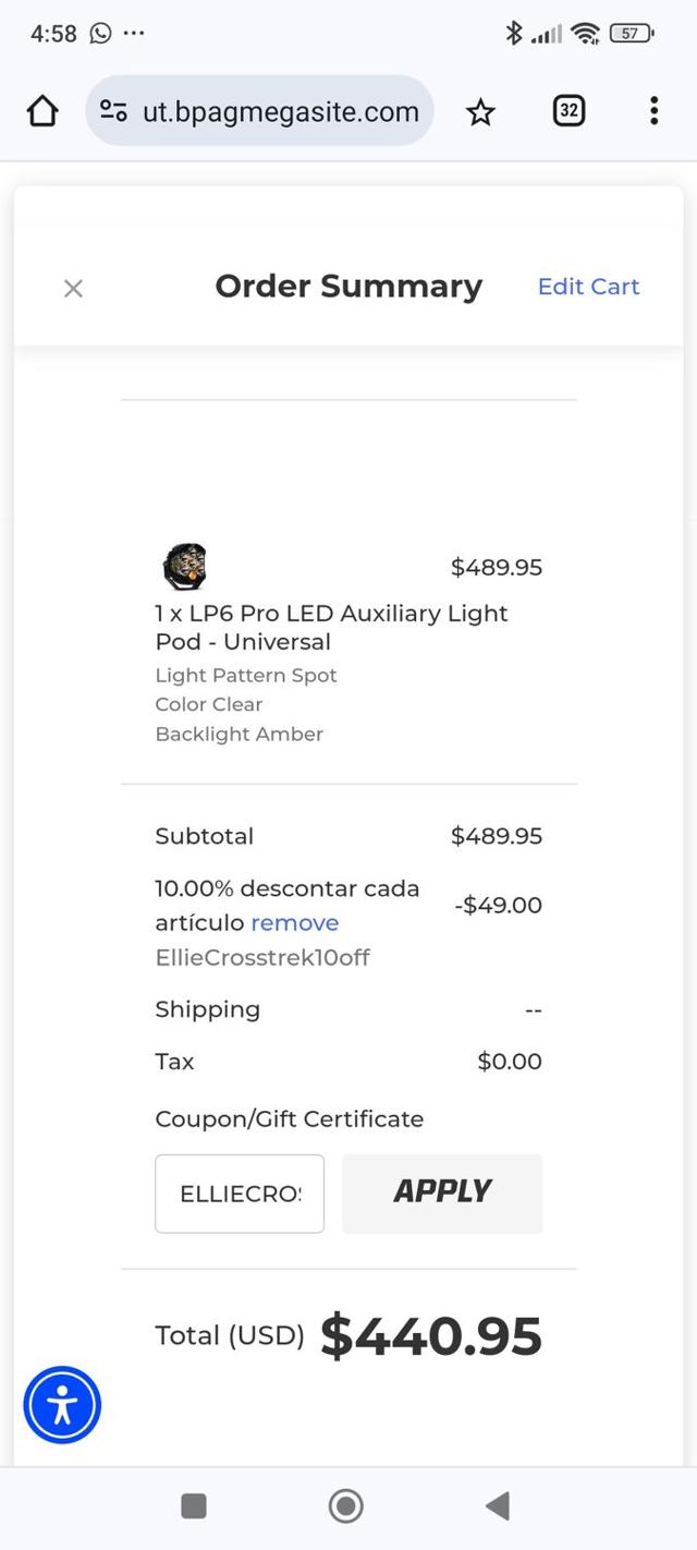 Baja Designs checkout page showing Baja Designs coupon code box | Screenshot taken by SimplyCodes community member on Aug 13, 2024
