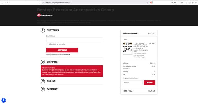 Baja Designs checkout page showing Baja Designs coupon code box | Screenshot taken by SimplyCodes community member on Jul 12, 2025