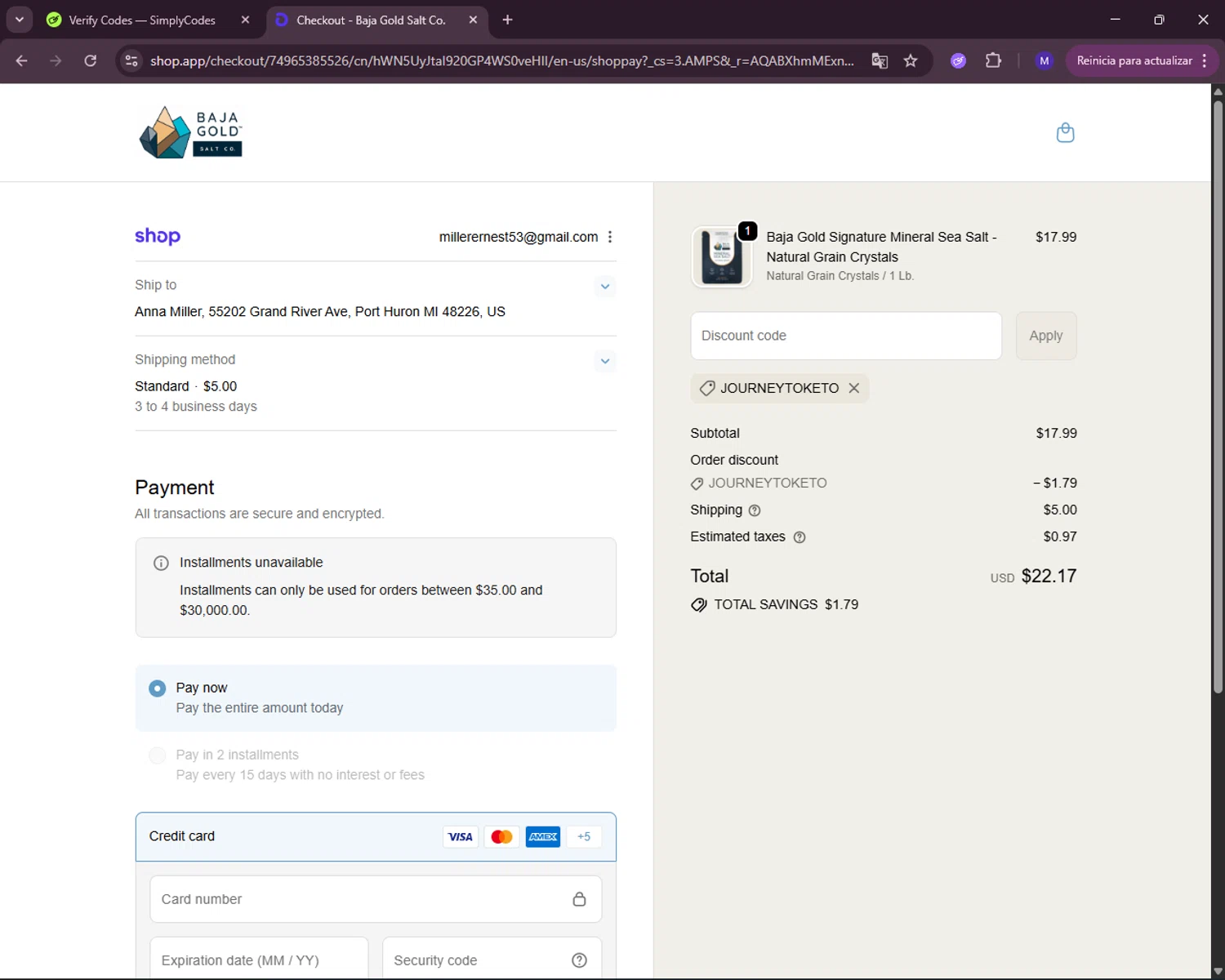 Baja Gold Salt Co promo code screenshot showing code JOURNEYTOKETO applied at Baja Gold Salt Co checkout page. Uploaded by SimplyCodes community member RewardLynx5307 on Nov 20, 2025