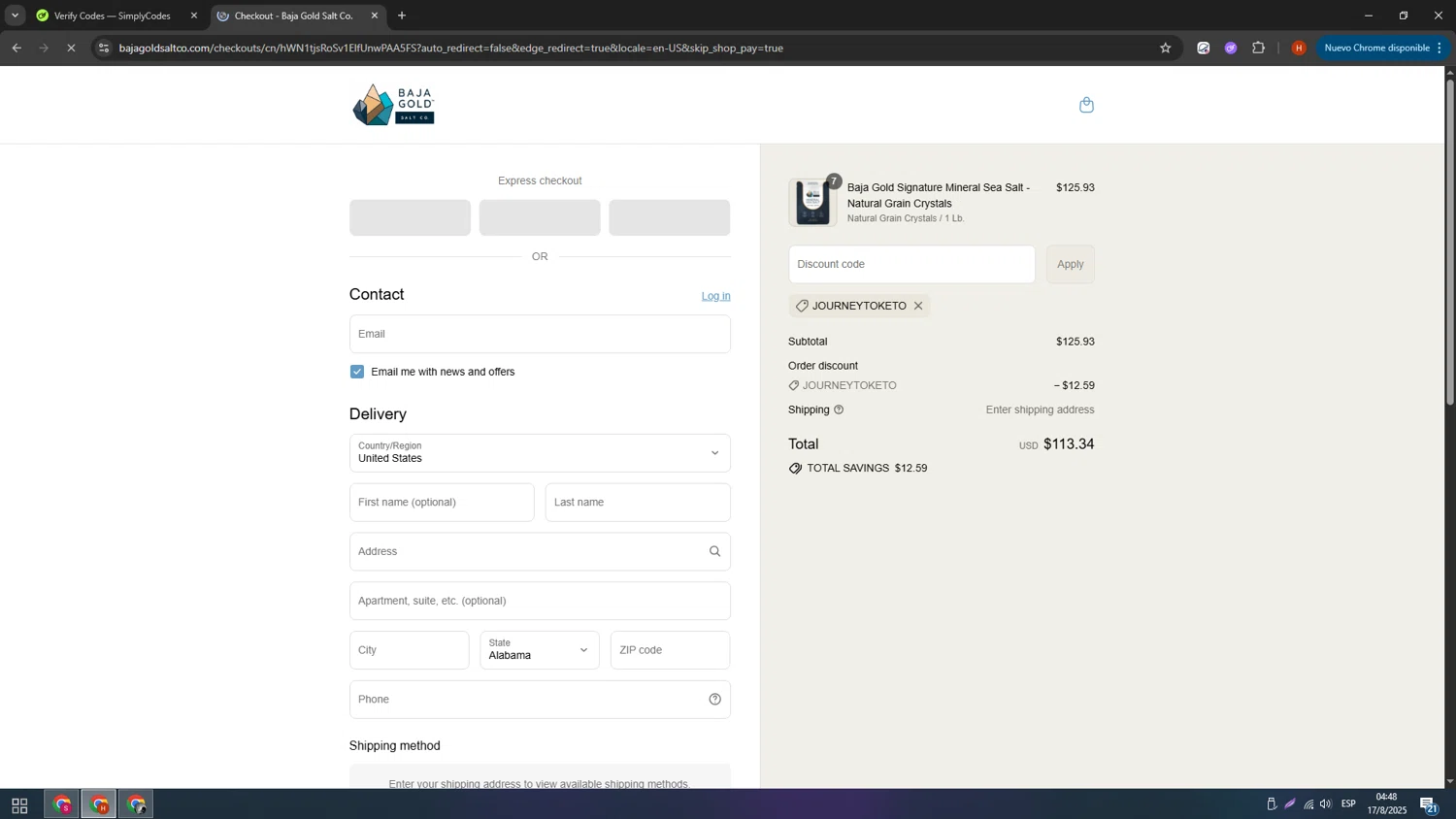 Baja Gold Salt Co promo code screenshot showing code JOURNEYTOKETO applied at Baja Gold Salt Co checkout page. Uploaded by SimplyCodes community member usename on Aug 17, 2025