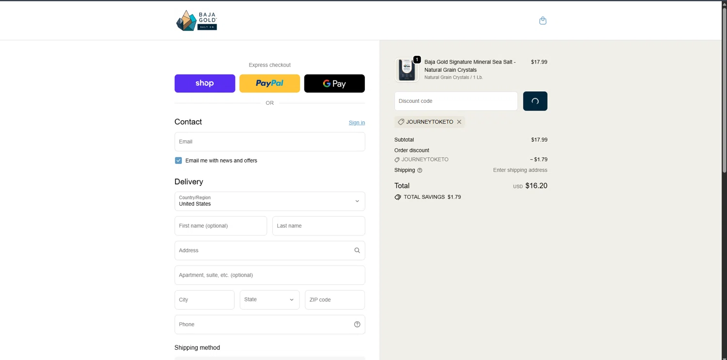 Baja Gold Salt Co promo code screenshot showing code JOURNEYTOKETO applied at Baja Gold Salt Co checkout page. Uploaded by SimplyCodes community member ScanWarden1089 on Dec 28, 2025