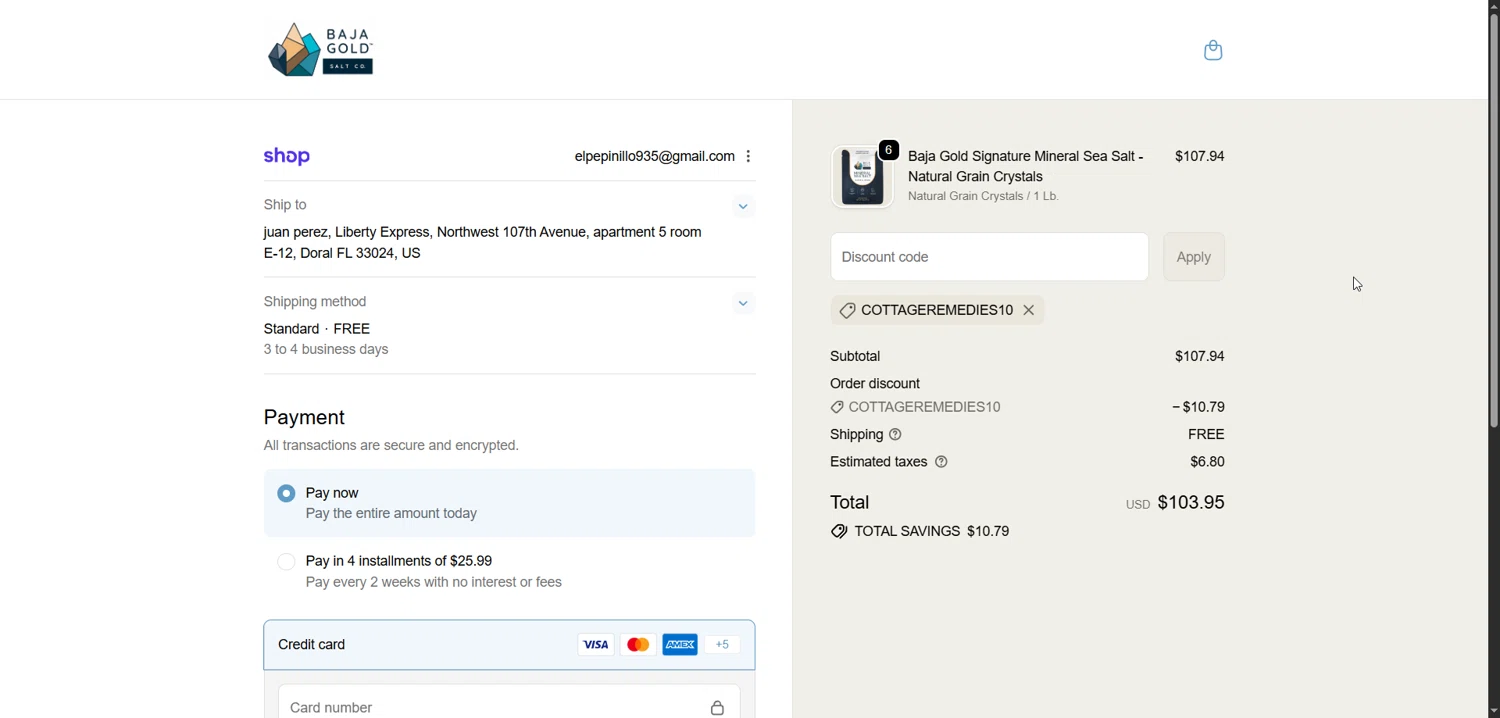 Baja Gold Salt Co promo code screenshot showing code COTTAGEREMEDIES10 applied at Baja Gold Salt Co checkout page. Uploaded by SimplyCodes community member varusitochambeador3 on Dec 28, 2025