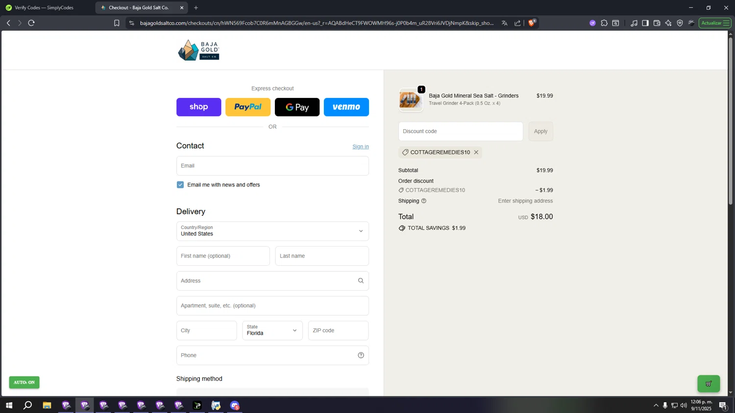 Baja Gold Salt Co promo code screenshot showing code COTTAGEREMEDIES10 applied at Baja Gold Salt Co checkout page. Uploaded by SimplyCodes community member aaaaaaaaaaaaaaaa on Nov 9, 2025