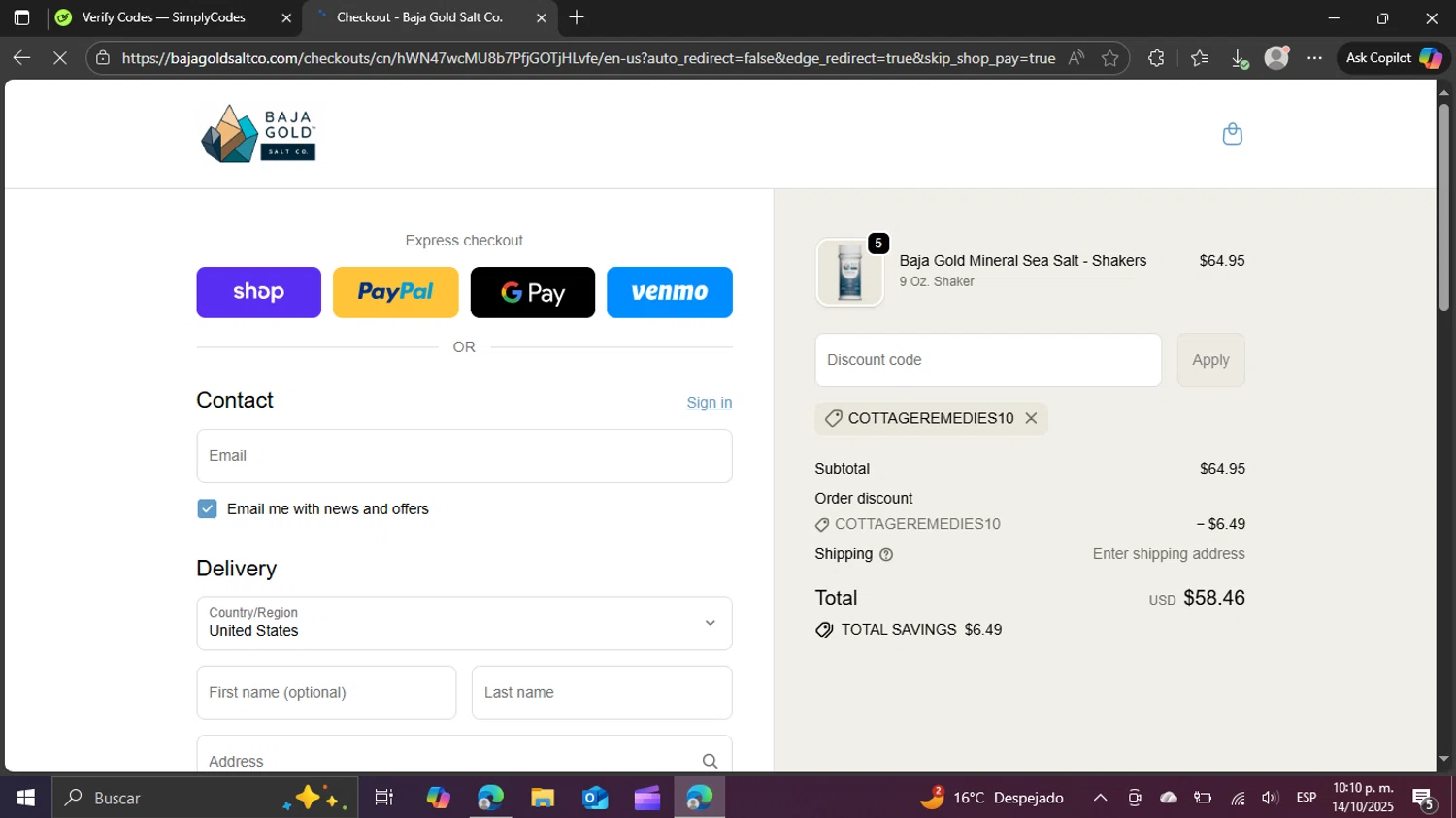 Baja Gold Salt Co promo code screenshot showing code COTTAGEREMEDIES10 applied at Baja Gold Salt Co checkout page. Uploaded by SimplyCodes community member swiftie on Oct 15, 2025