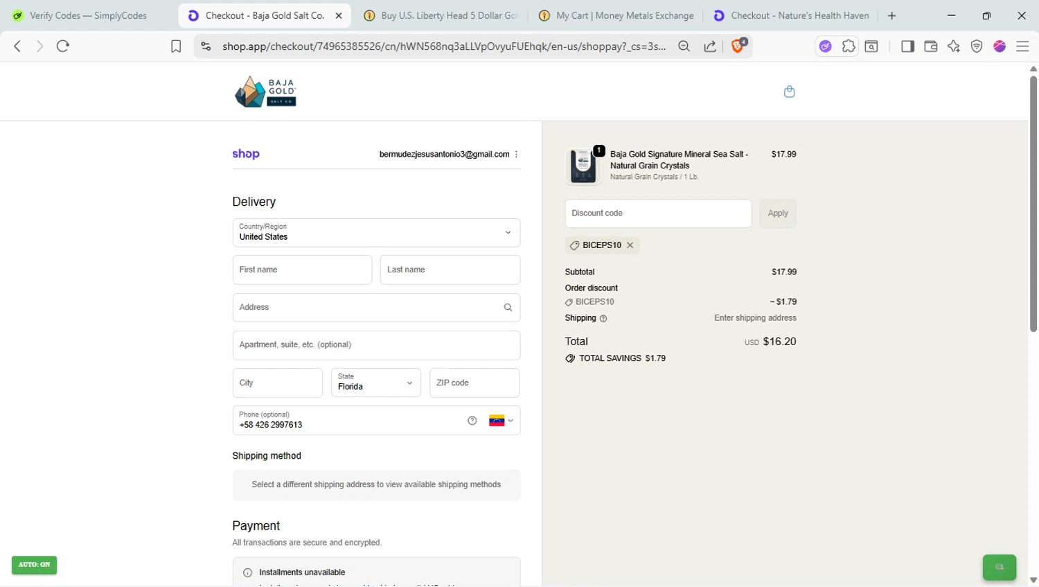 Baja Gold Salt Co promo code screenshot showing code Biceps10 applied at Baja Gold Salt Co checkout page. Uploaded by SimplyCodes community member LaVelaEnPinta on Nov 9, 2025