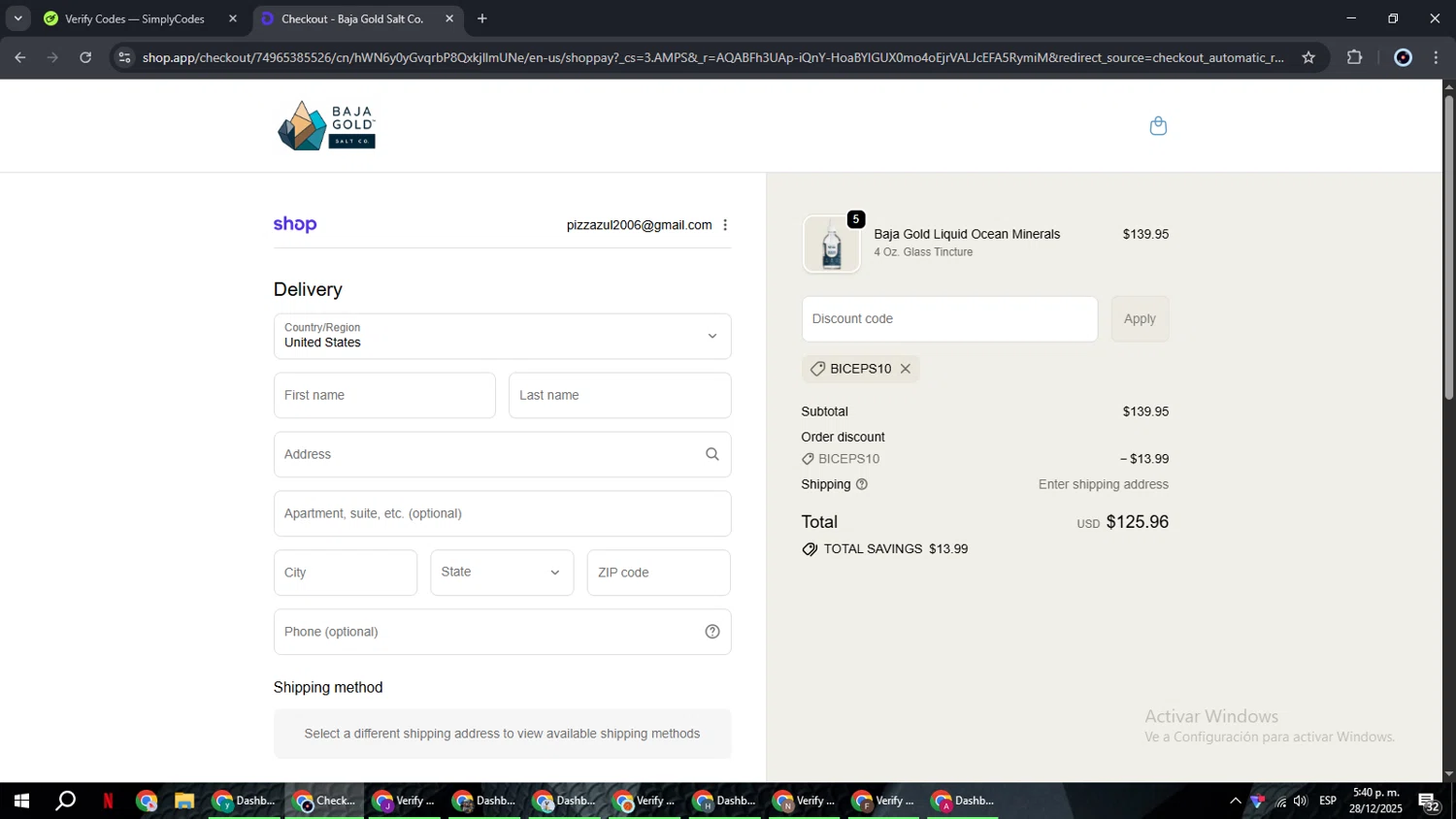 Baja Gold Salt Co promo code screenshot showing code Biceps10 applied at Baja Gold Salt Co checkout page. Uploaded by SimplyCodes community member RoyalBoss4384 on Dec 28, 2025