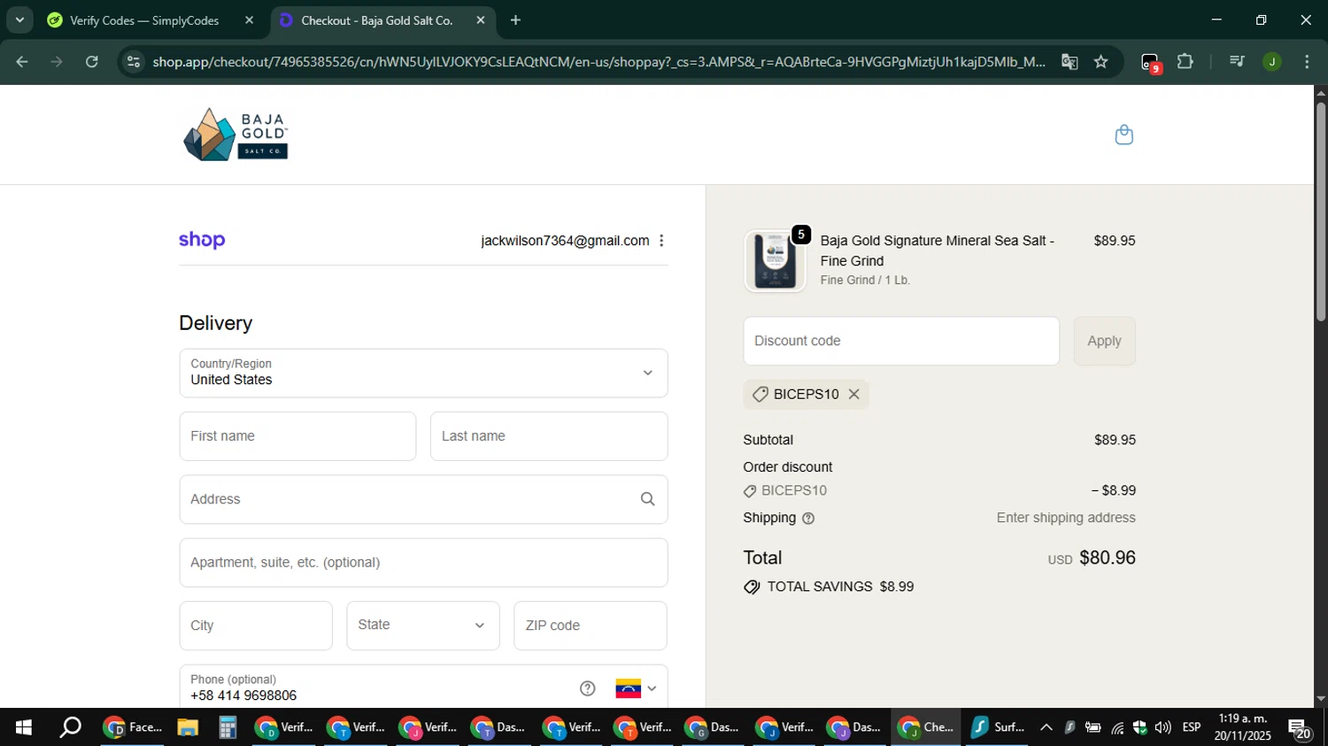 Baja Gold Salt Co promo code screenshot showing code Biceps10 applied at Baja Gold Salt Co checkout page. Uploaded by SimplyCodes community member ShieldFinder369 on Nov 20, 2025