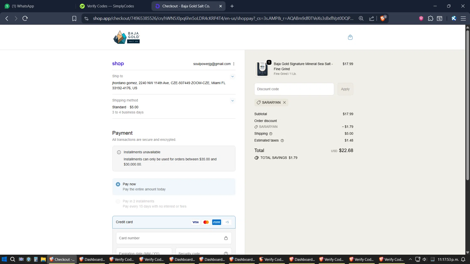 Baja Gold Salt Co promo code screenshot showing code sararyan applied at Baja Gold Salt Co checkout page. Uploaded by SimplyCodes community member SimplyGOAT on Nov 15, 2025