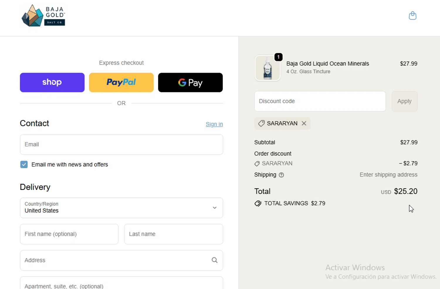 Baja Gold Salt Co promo code screenshot showing code sararyan applied at Baja Gold Salt Co checkout page. Uploaded by SimplyCodes community member ligthYA on Jan 13, 2026