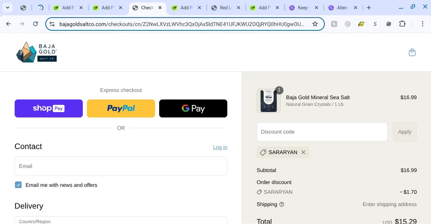 Baja Gold Salt Co promo code screenshot showing code sararyan applied at Baja Gold Salt Co checkout page. Uploaded by SimplyCodes community member KarinaHZ on Jun 2, 2025