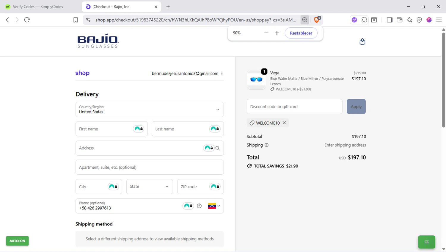 Bajio Sunglasses discount code screenshot showing code WELCOME10 applied at Bajio Sunglasses checkout page. Uploaded by SimplyCodes community member SapeGato on Oct 3, 2025