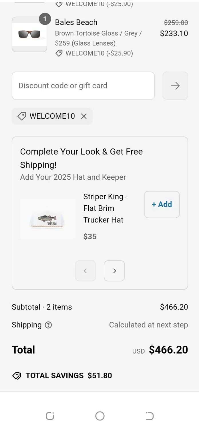 Bajio Sunglasses discount code screenshot showing code WELCOME10 applied at Bajio Sunglasses checkout page. Uploaded by SimplyCodes community member aguirremariagabriela on Mar 10, 2025