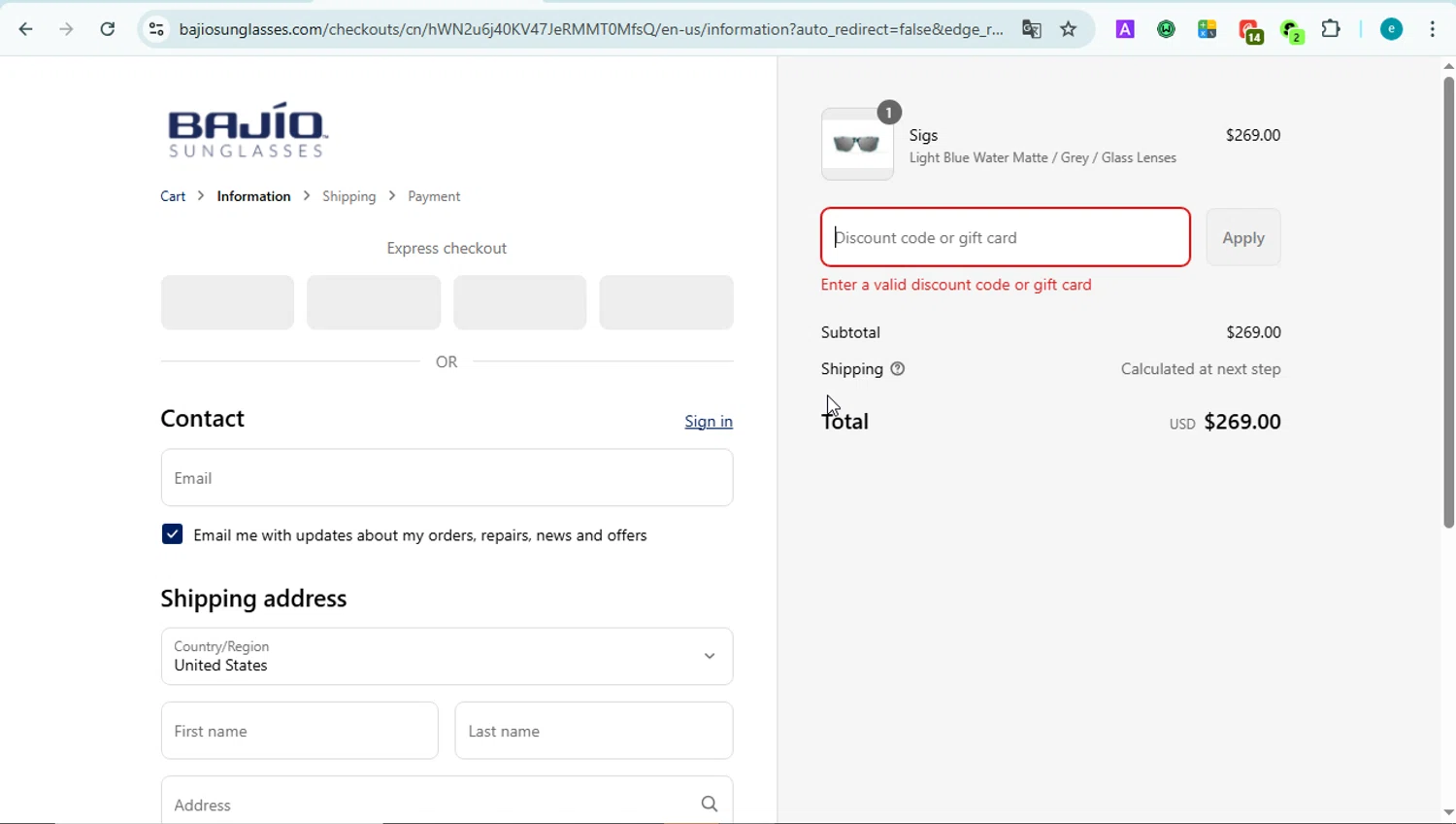 Bajio Sunglasses discount code screenshot showing code COMEBACK10 applied at Bajio Sunglasses checkout page. Uploaded by SimplyCodes community member LOVECOUPON on Sep 12, 2025