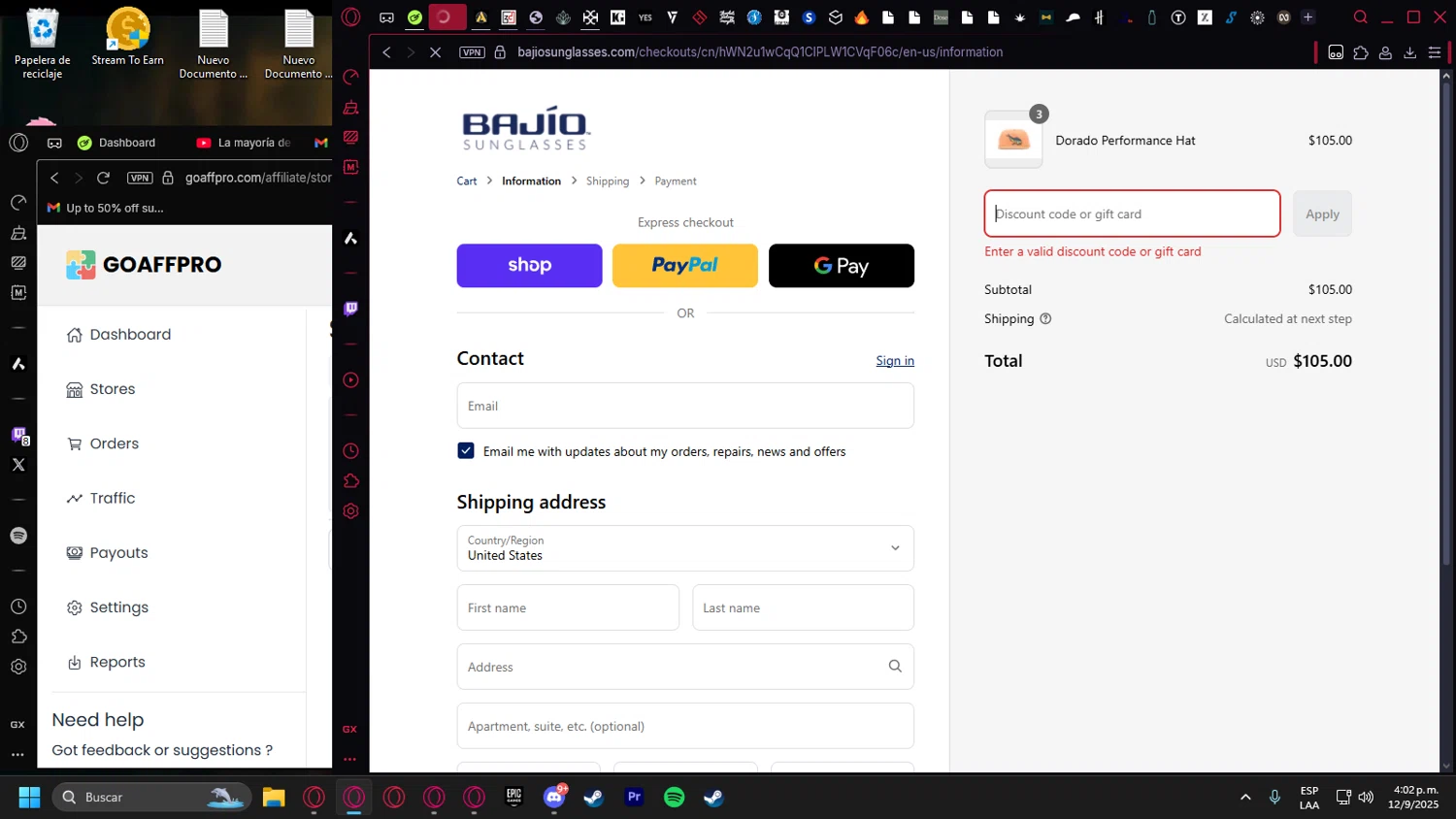 Bajio Sunglasses discount code screenshot showing code COMEBACK10 applied at Bajio Sunglasses checkout page. Uploaded by SimplyCodes community member leonardocamacho2 on Sep 12, 2025