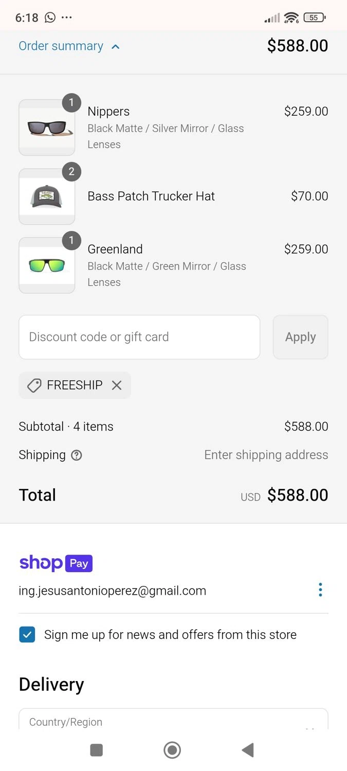 Bajio Sunglasses discount code screenshot showing code FREESHIP applied at Bajio Sunglasses checkout page. Uploaded by SimplyCodes community member ShieldWhiz4659 on May 25, 2025
