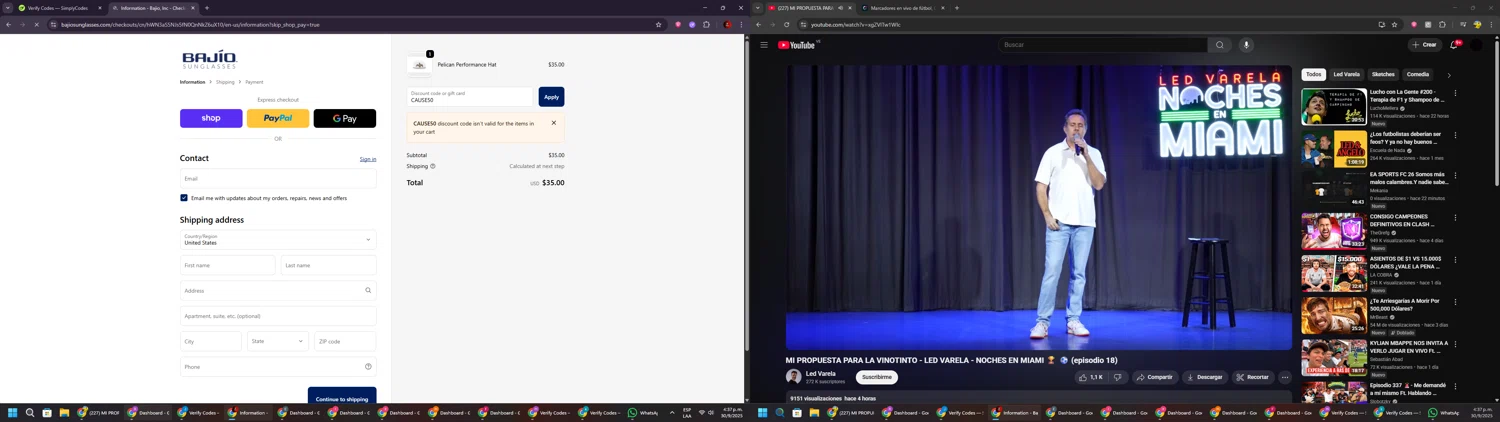 Bajio Sunglasses discount code screenshot showing code CAUSE50 applied at Bajio Sunglasses checkout page. Uploaded by SimplyCodes community member BrilliantSaver7516 on Sep 30, 2025