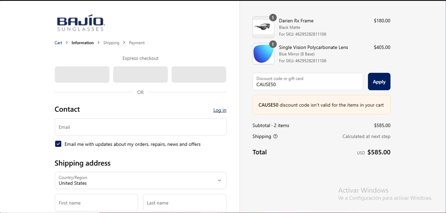 Bajio Sunglasses discount code screenshot showing code CAUSE50 applied at Bajio Sunglasses checkout page. Uploaded by SimplyCodes community member RewardLynx9164 on Sep 4, 2025