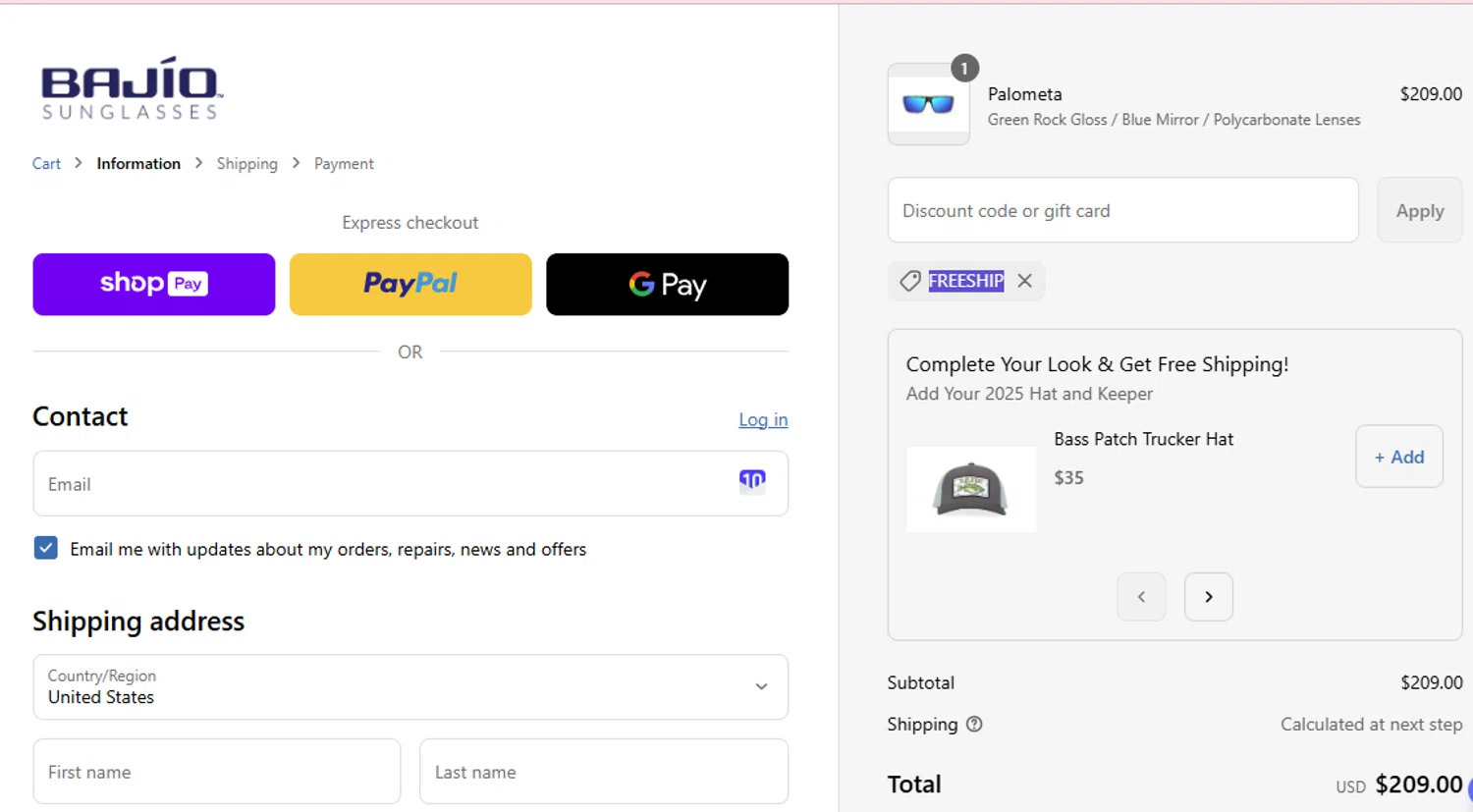 Bajio Sunglasses discount code screenshot showing code FREESHIP applied at Bajio Sunglasses checkout page. Uploaded by SimplyCodes community member Westcoll on Apr 24, 2025