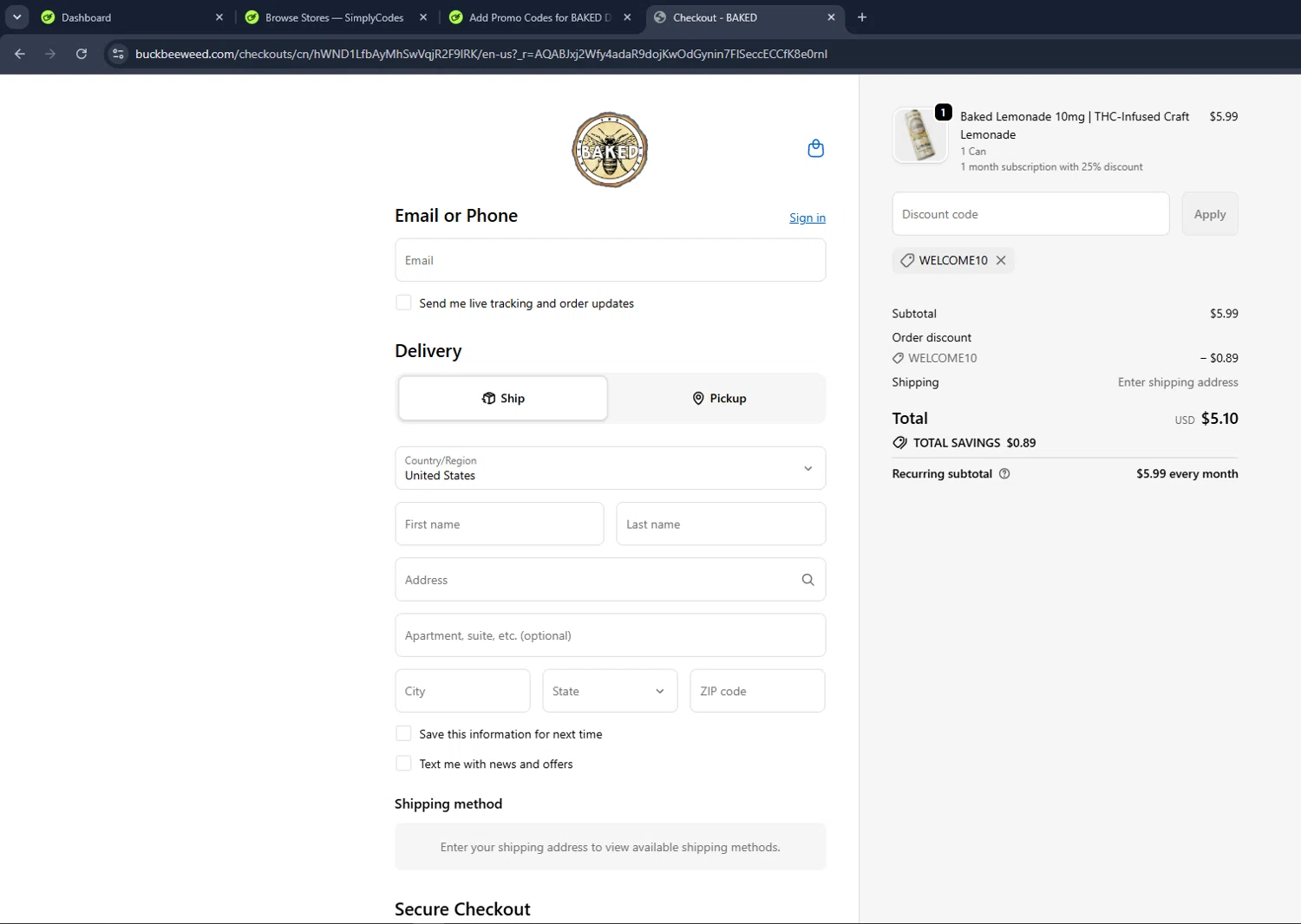 BAKED Drink promo code screenshot showing code WELCOME10 applied at BAKED Drink checkout page. Uploaded by SimplyCodes community member VictoriousCaptain3902 on Jun 6, 2026