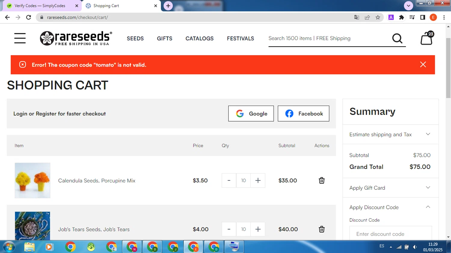 Baker Creek Heirloom Seed Company promo code screenshot showing code tomato applied at Baker Creek Heirloom Seed Company checkout page. Uploaded by SimplyCodes community member VoucherScout5024 on Mar 1, 2025