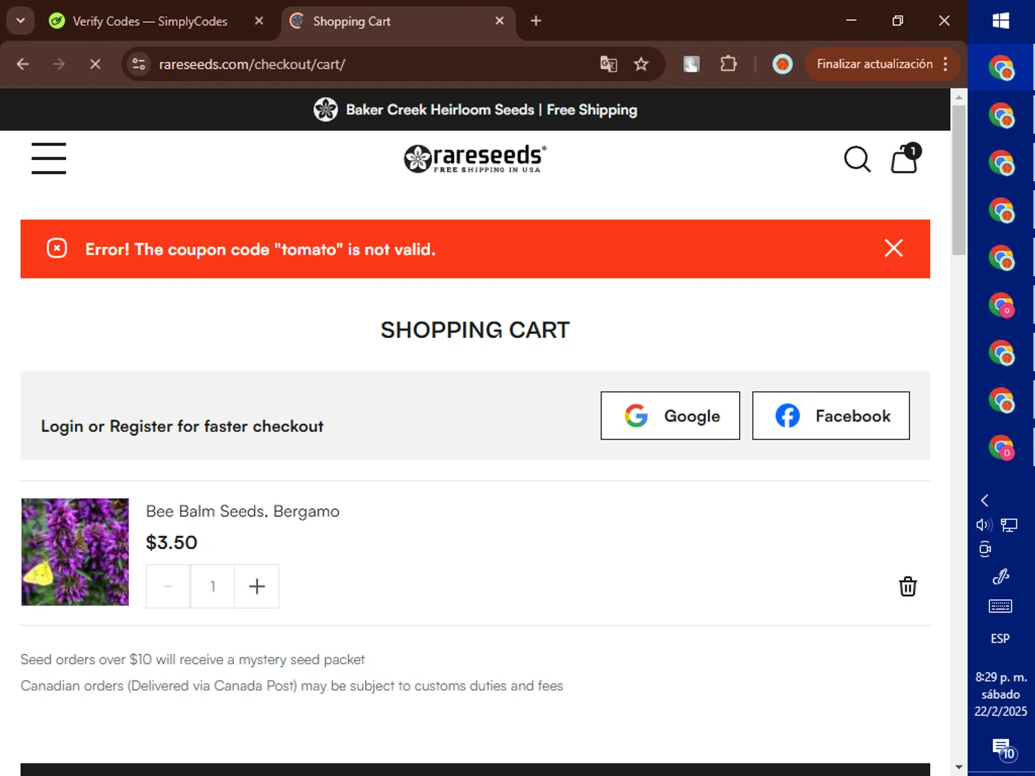 Baker Creek Heirloom Seed Company promo code screenshot showing code tomato applied at Baker Creek Heirloom Seed Company checkout page. Uploaded by SimplyCodes community member DealElite4728 on Feb 23, 2025