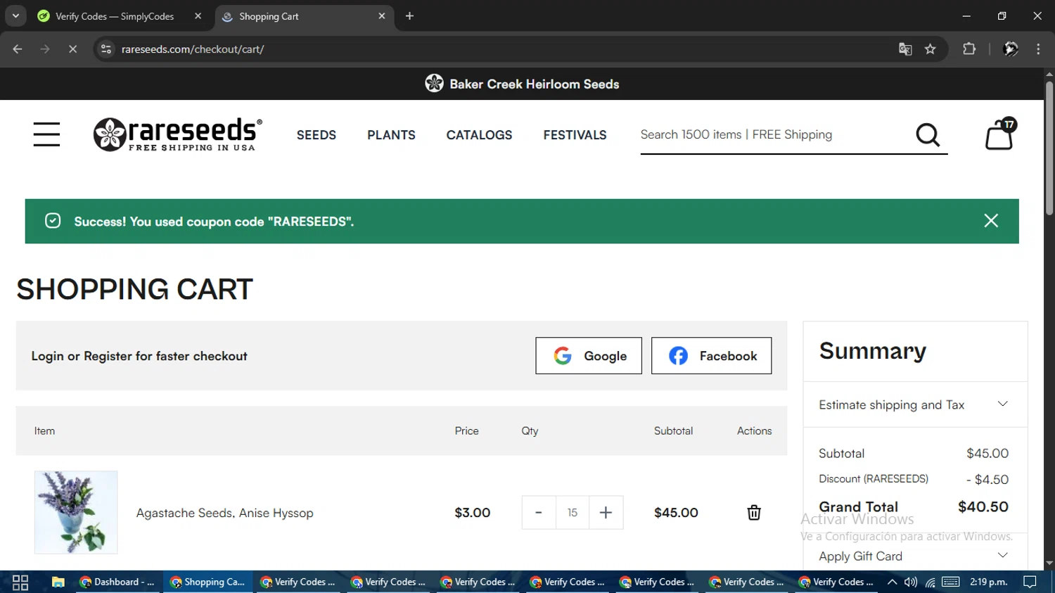 Baker Creek Heirloom Seed Company promo code screenshot showing code RARESEEDS applied at Baker Creek Heirloom Seed Company checkout page. Uploaded by SimplyCodes community member SavvyChaser6563 on Apr 14, 2025