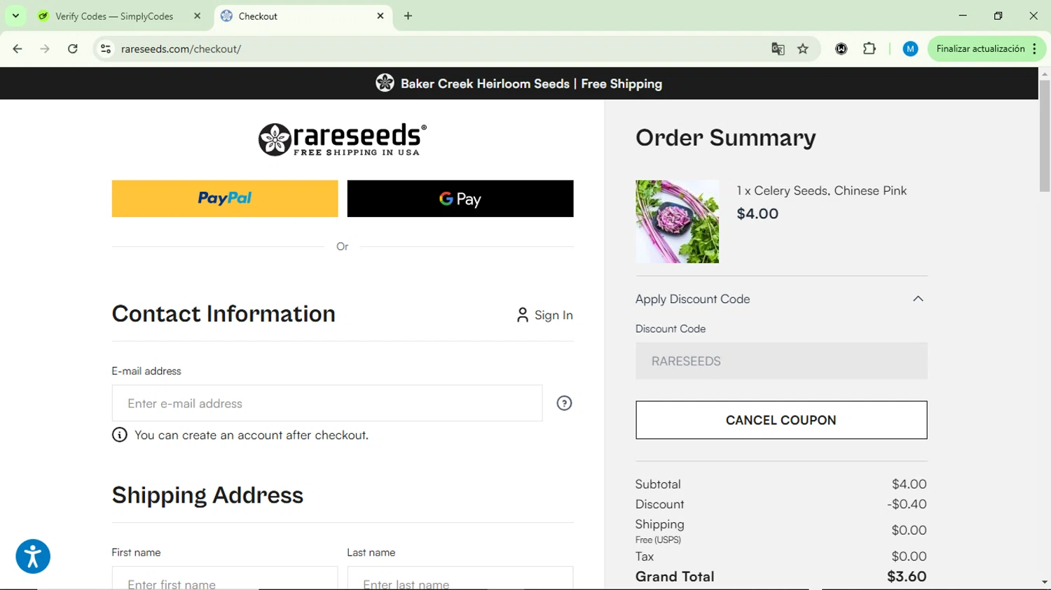 Baker Creek Heirloom Seed Company promo code screenshot showing code RARESEEDS applied at Baker Creek Heirloom Seed Company checkout page. Uploaded by SimplyCodes community member LegendaryScholar7185 on Feb 25, 2025
