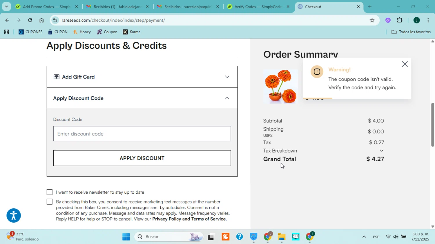 Baker Creek Heirloom Seed Company promo code screenshot showing code PLANT10 applied at Baker Creek Heirloom Seed Company checkout page. Uploaded by SimplyCodes community member ABHF23 on Nov 7, 2025