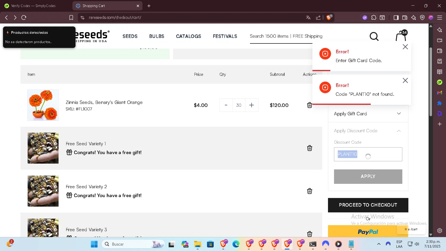 Baker Creek Heirloom Seed Company promo code screenshot showing code PLANT10 applied at Baker Creek Heirloom Seed Company checkout page. Uploaded by SimplyCodes community member SilverSentinel7889 on Nov 7, 2025